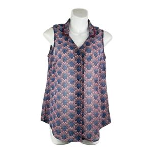 CAbi Semi Sheer Sleeveless Blouse with Blue and Pink Pattern